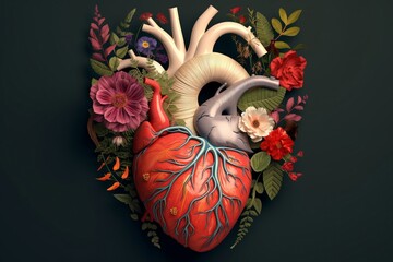 Beautiful anatomic heart with flowers and leaves. Floral romantic composition for greeting card. Generative AI