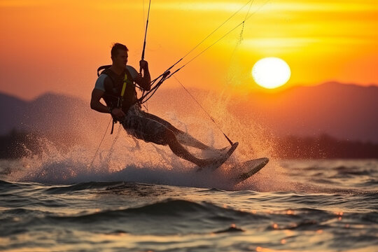 Kitesurfer in action on a beautiful background of spray during the sunset
