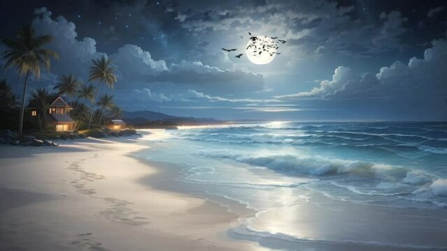 landscape of beach at night with full moon, seamless looping video background animation, cartoon style