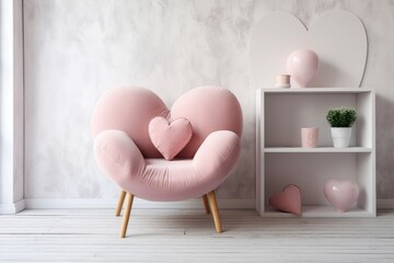 Stylish pink armchair with heart shaped pillow in a bright minimalist interior, Generative AI