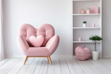 Stylish pink armchair with heart shaped pillow in a bright minimalist interior, Generative AI