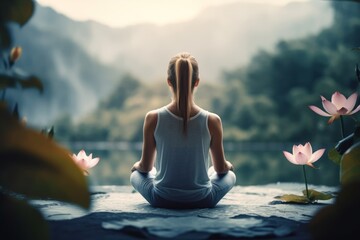 Young woman meditating in lotus pose, meditation and healthy relax, active lifestyle concept. Enjoying meditation while doing yoga, back view. Generative AI