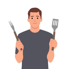Chef or happy cook holding a grill tools spatula and fork. Flat vector illustration isolated on white background