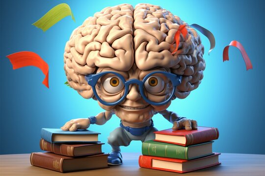 A bookish brain in cartoon form, symbolizing a thirst for wisdom