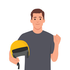 Motorcycle Taxi Rider Hold Helmet. Taxibike Man Pose. Flat vector illustration isolated on white background