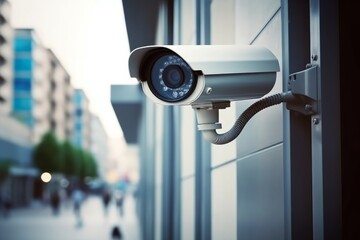 Security camera on modern building. Professional surveillance cameras. CCTV on the wall in the city. Security system, technology. Video equipment for safety system area control outdoor. Generative AI - obrazy, fototapety, plakaty