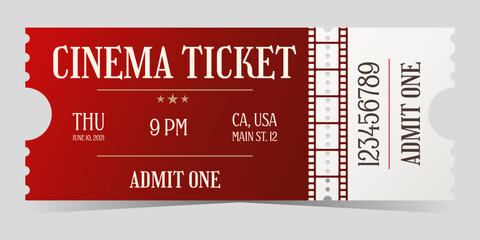 Cinema entry red ticket with white in old style. Admit one