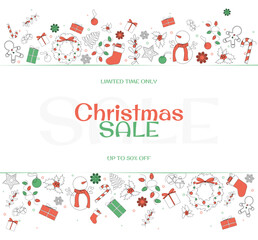 Christmas horizontal sale card with red and green minimalist decorations