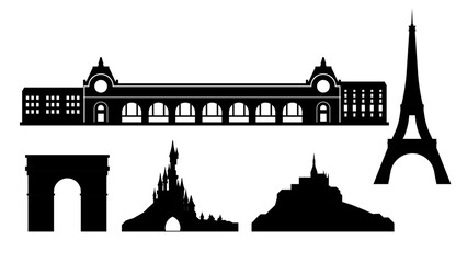 Silhouette of France landmarks, vector illustration.