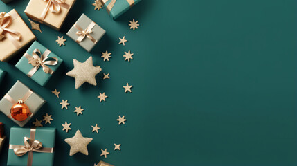 Christmas background with gift boxes over green background