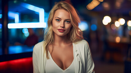 Blond Beauty. Nightlife Glamour. Blonde Woman against Night Skyline