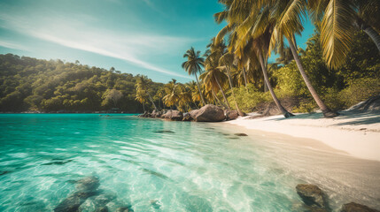 Obraz premium Beautiful beach with palms and turquoise sea. AI Generated