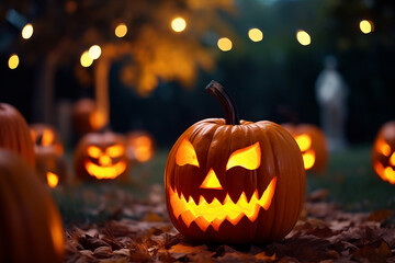Fototapeta premium Group of spooky Halloween Jack o Lanterns lit at night