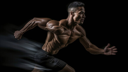 Fototapeta na wymiar A dynamic runner. portrait of active young muscular running man. strong athletic man. AI Generated