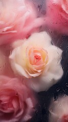 Fototapeta premium Background of blooming flowers in front of glass with water drops.