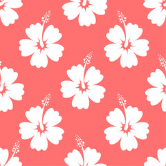 Hibiscus white flowers on red background. Floral seamless pattern. Best for textile, wallpapers, wrapping paper, package and home decoration.