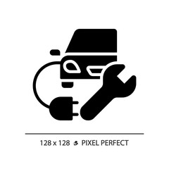 2D pixel perfect glyph style electric car charging icon, isolated vector, simple silhouette illustration representing car service and repair.