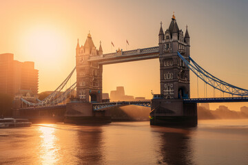 A dawn, sunrise silhouette of Tower Bridge in London, crossing over the River Thames, on a warm, clear spring morning