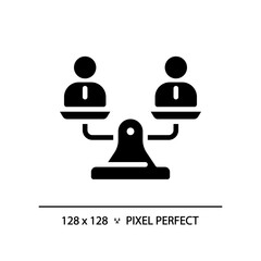 2D pixel perfect silhouette people on weight scale icon, isolated vector, glyph style black illustration representing comparisons