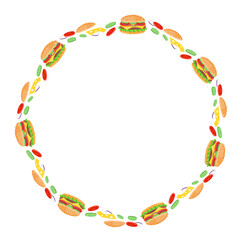 art drawn tasty burger round frame