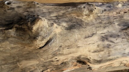 convex surface of dry oak with knots and cracks, textured wooden material for crafts and art, dried solid wood with an uneven surface of the trunk in a beautiful gray-brown color image full frame