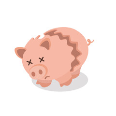 Piggy bank pink round minimalistic sad, dead broken in half by a large crack. On a white background