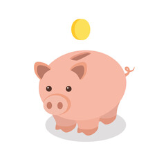 A round pink piggy bank smiling into which a gold coin is thrown