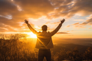 Fototapeta na wymiar Man raising arms to golden sunset, greeting sun