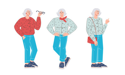 Senior elderly woman character standing, flat vector illustration isolated on white background. Aged well dressed, smiling and beautiful woman, full length.