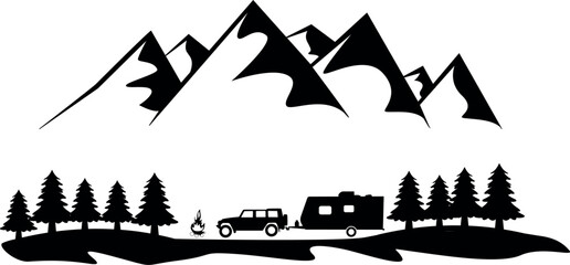 Camping Trailer Mountains Forest SVG Cut File for Cricut and Silhouette, EPS Vector, PNG , JPEG , Zip Folder - obrazy, fototapety, plakaty