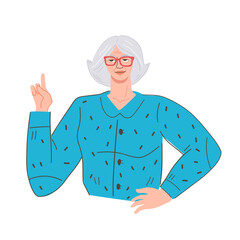 Senior elderly woman having an idea and raising her finger as got a solution gesture, flat vector illustration isolated on a white background. Elderly aged woman having solution, pointing with finger.