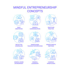2D gradient thin line icons set representing mindful entrepreneurship, isolated vector, linear illustration.
