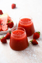 Refreshing watermelon drink with fresh strawberry