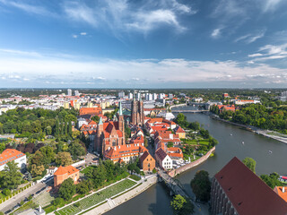 Aerial panoramic summer view of the beautiful green Tumski Island (Ostrów Tumski) in Wrocław,...