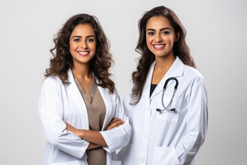 Fototapeta premium Two indian female doctor standing on white background.