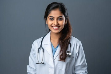 Young indian female doctor standing on white background. - obrazy, fototapety, plakaty
