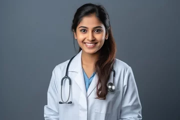 Poster Young indian female doctor standing on white background. © Niks Ads