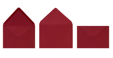 Burgundy red open envelope isolated on white background. Letter, front and back view. Design element for business, birthday, Valentine. Copy space