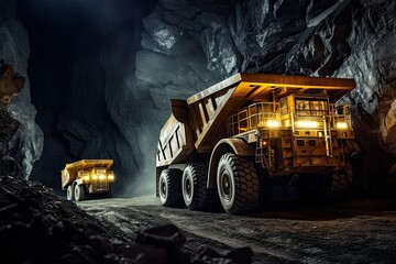 Several huge quarry trucks carry the rock for beneficiation and processing. Several trucks drive through an underground mine tunnel. Large mining trucks work the night shift.