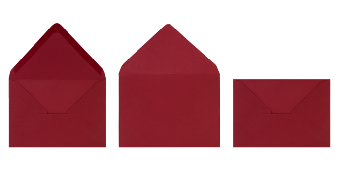 Burgundy red open envelope isolated on white background. Letter, front and back view. Design element for business, birthday, Valentine. Copy space