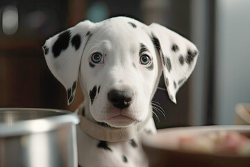 Portrait of hungry dalmatian puppy peering over counte table, looking to dog canned food on the kitchen. 