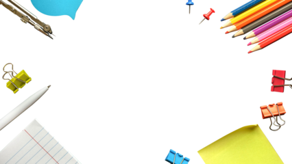 Collection of multi-colored stationery on a transparent background with space for text