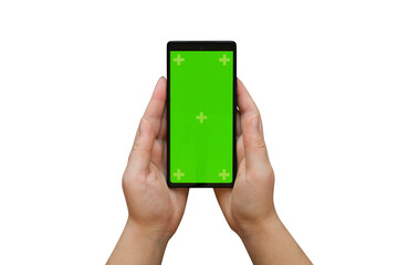 Phone with a green screen in hands on transparent background, top view