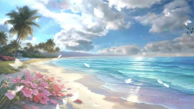 beautiful beach landscape with palm trees and flower with sunset, seamless looping video background animation, cartoon style