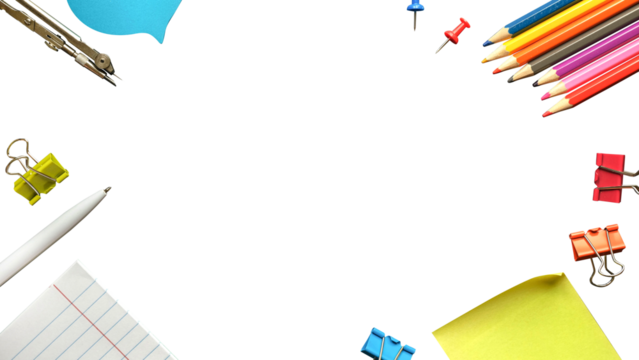 Collection of multi-colored stationery on a transparent background with space for text