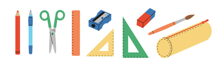 Stationery set with pen, pencil, scissors, rulers, sharpener, eraser, brush and pencil case. Supplies for school, college, office. Vector flat illustration isolated on white background