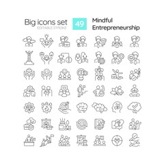 2D editable black big line icons set representing mindful entrepreneurship, isolated vector, linear illustration.