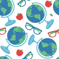 Seamless pattern with globe, glasses and apple on white background. School, teacher, education concept. Vector flat illustration