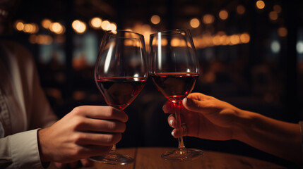 Close up of young couple toasting with glasses of red whine