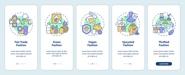 2D icons representing sustainable fashion mobile app screen set. Walkthrough 5 steps multicolor graphic instructions with linear icons concept, UI, UX, GUI template.